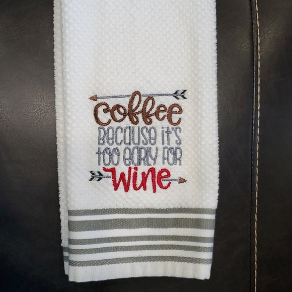 Hand Crafted Other - Embroidered Kitchen Towel Grey White Coffee Wine